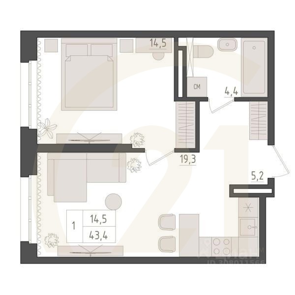 1-комн. квартира, 43,4 м²в ЖК «Новый Империал»