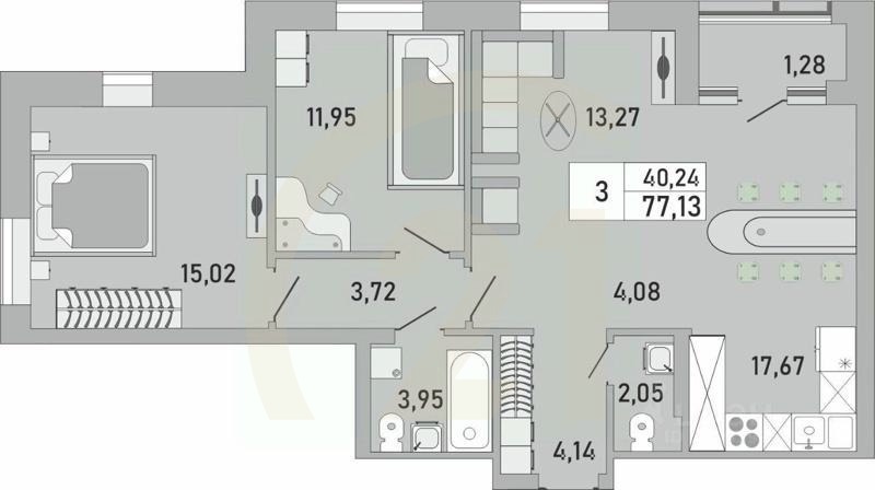 3-комн. квартира, 77,13 м²в ЖК «Платинум»