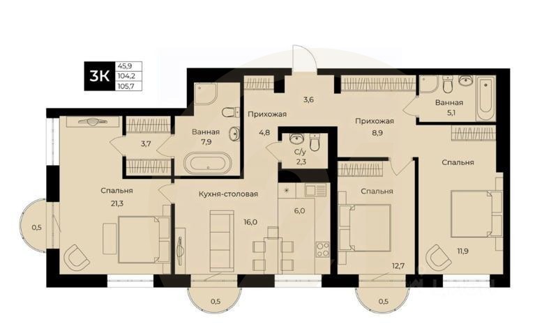 1-комн. квартира, 104,2 м²в ЖК «Ленинские высотки»