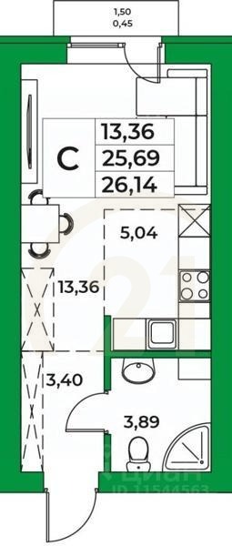 Студия, 26,14 м²