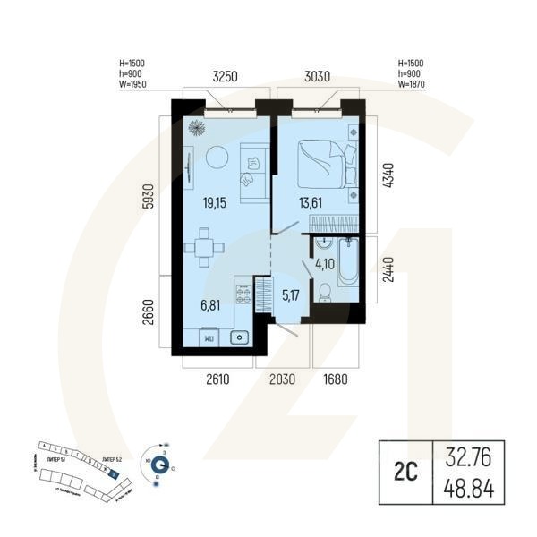 2-комн. квартира, 48,84 м²в ЖК «Новатор»