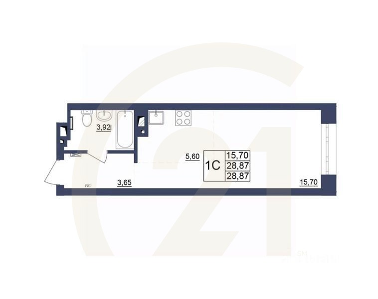 1-комн, 28,69 м²в ЖК «Космос»