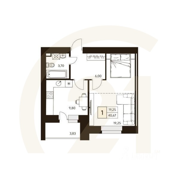1-комн. квартира, 40,67 м²в ЖК «MATUR»