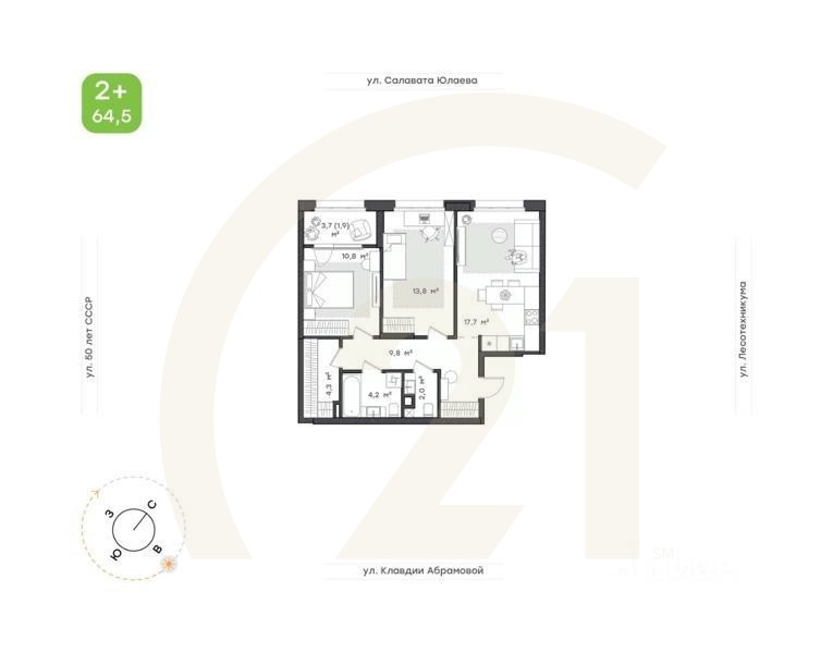 2-комн. квартира, 64,5 м²в ЖК «Бионика Парк»