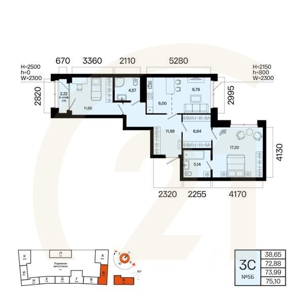 3-комн. квартира, 73,99 м²в ЖК «Первый остров»