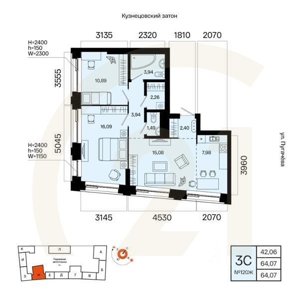 3-комн. квартира, 64,07 м²в ЖК «Первый остров»