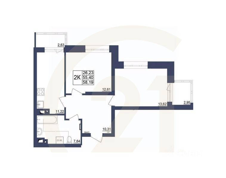 2-комн. квартира, 58,43 м²в ЖК «Космос»