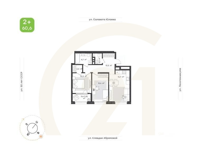 2-комн. квартира, 60,6 м²в ЖК «Бионика Парк»