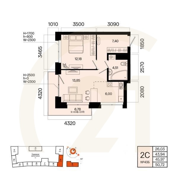 2-комн. квартира, 45,97 м²в ЖК «Первый остров»