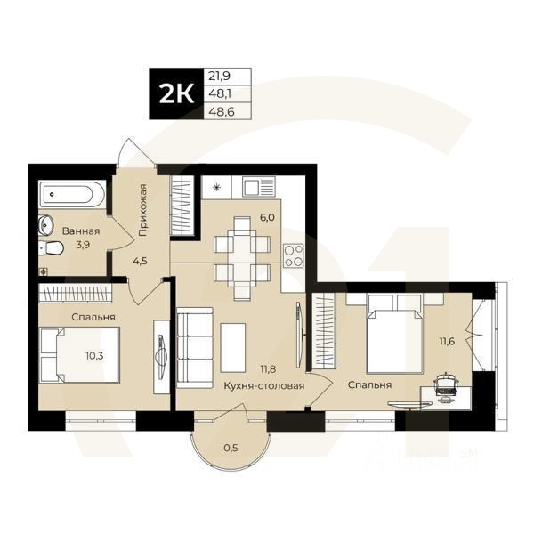 2-комн. квартира, 48,1 м²в ЖК «Ленинские высотки»