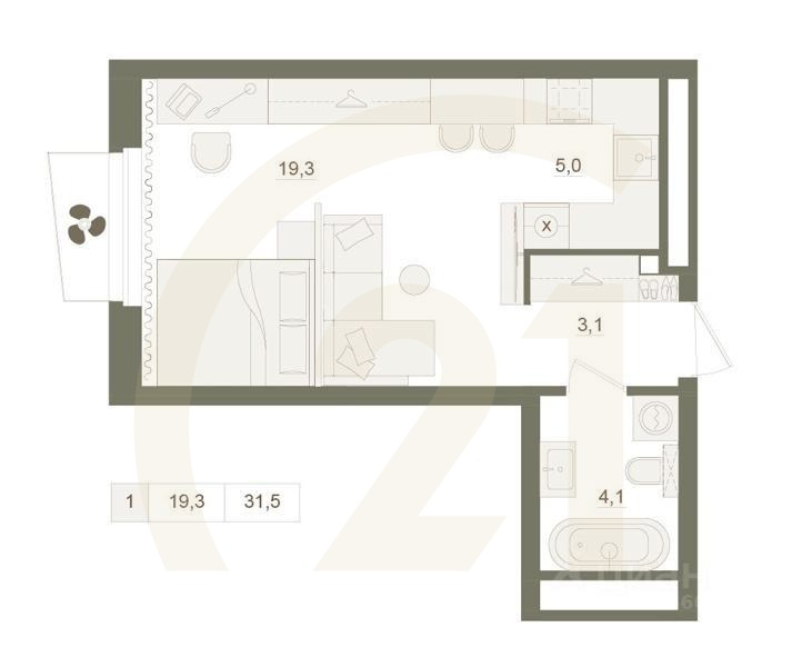 1-комн. квартира, 31,5 м²в ЖК «Квартал «Родина Парк»