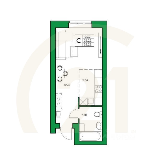 Студия, 29,22 м²