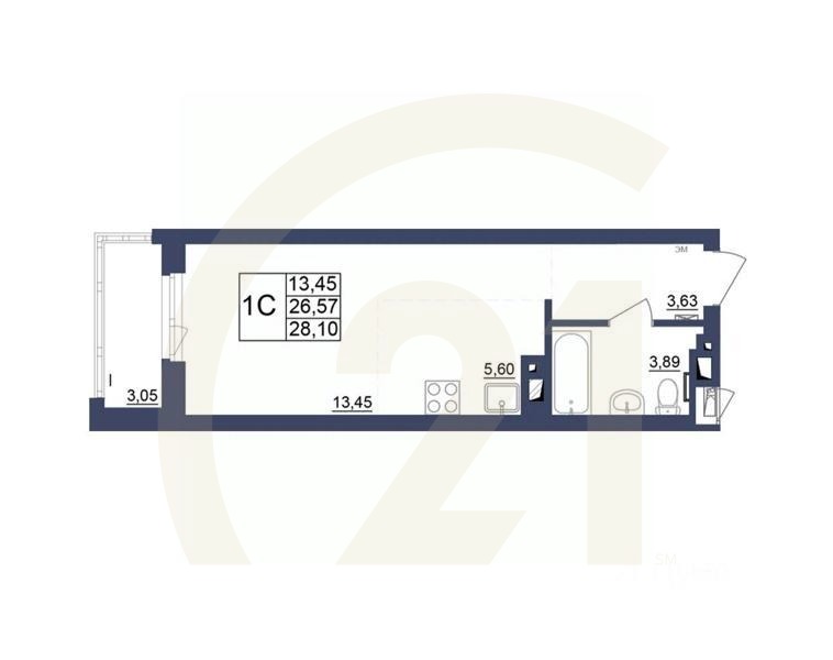 1-комн, 28,28 м²в ЖК «Космос»