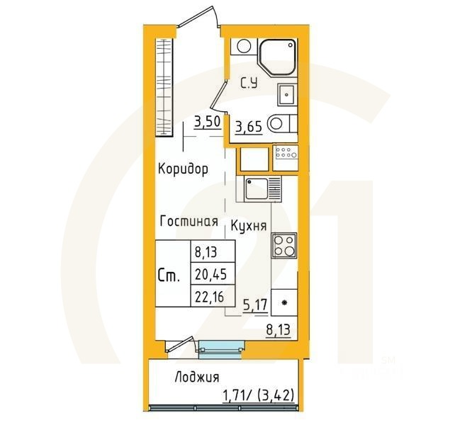 студия, 22,89 м²