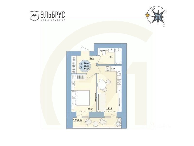 2-комн. квартира, 39,49 м²в ЖК «Эльбрус»