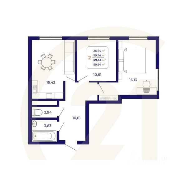 2-комн. квартира, 59,54 м²в ЖК «Паруса»