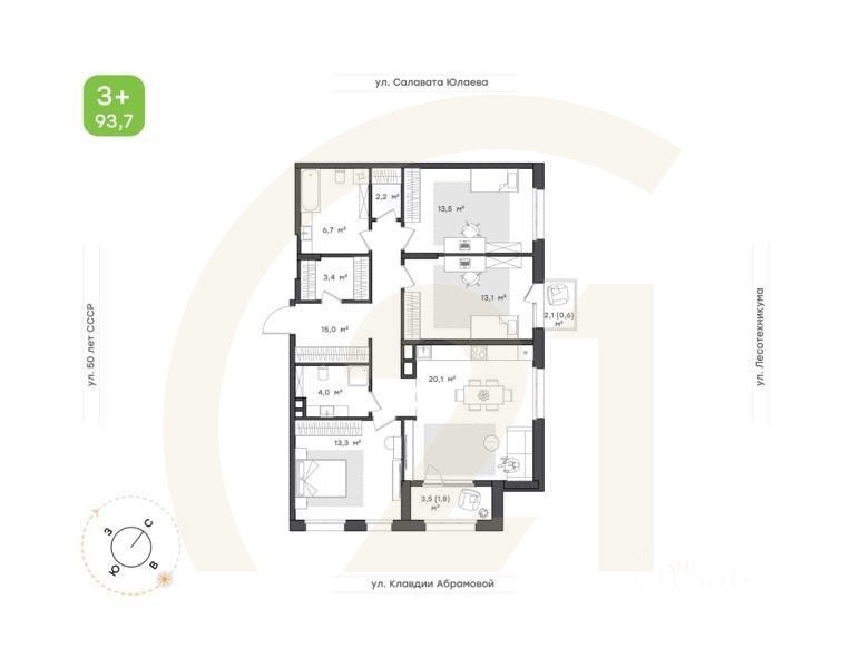 3-комн. квартира, 93,7 м²в ЖК «Бионика Парк»