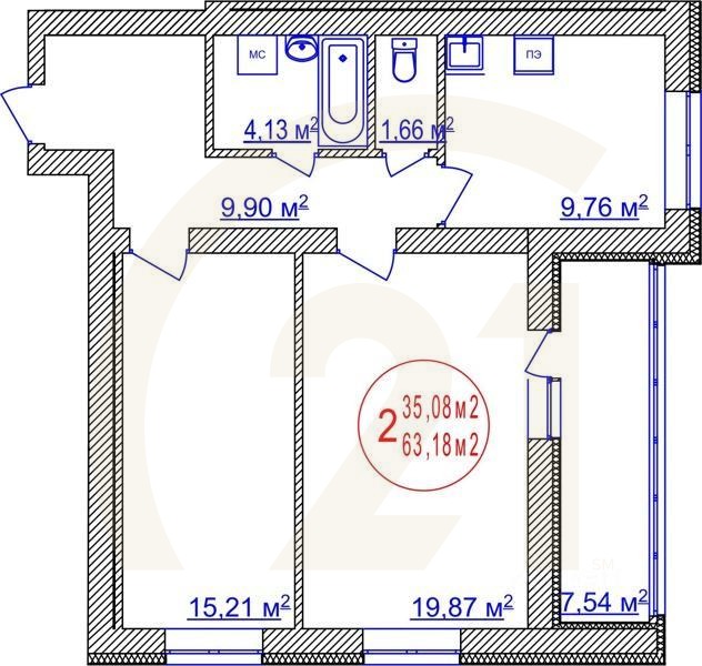 2-комн. квартира, 63,18 м²в ЖК «Семейный»