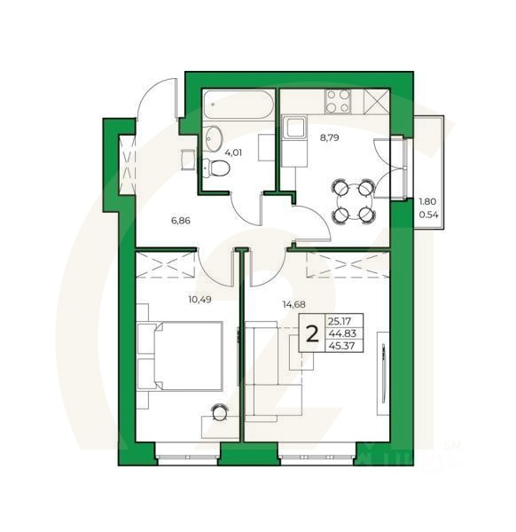 2-комн. квартира, 45,37 м²