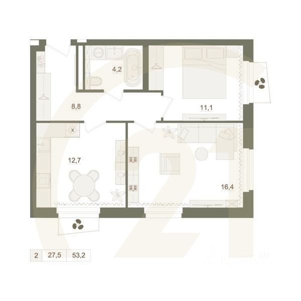 2-комн. квартира, 53,2 м²в ЖК «Квартал «Родина Парк»