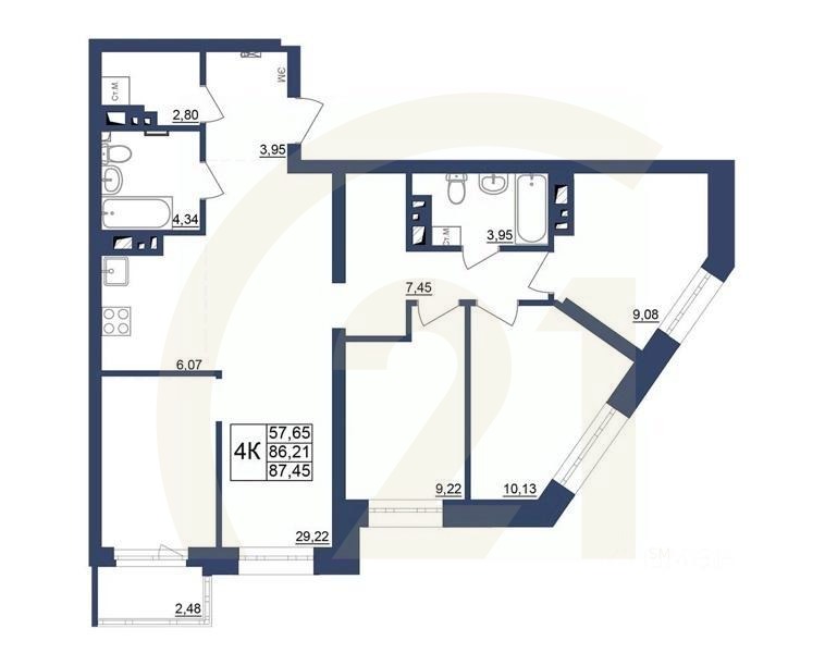 4-комн. квартира, 87,45 м²в ЖК «Космос»