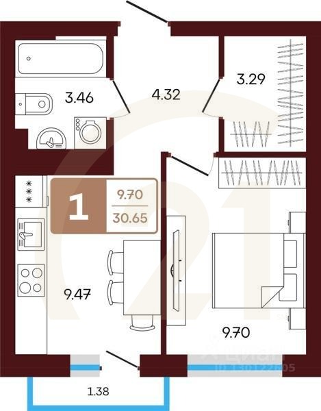 1-комн, 51,39 м²в ЖК «ЯРАТАУ»