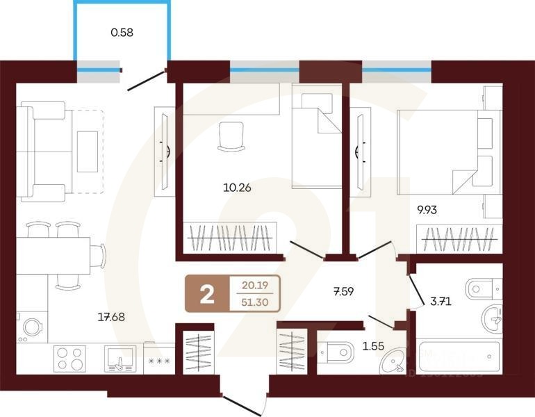 2-комн. квартира, 51,3 м²в ЖК «ЯРАТАУ»