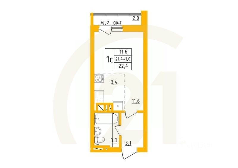 1-комн, 22,3 м²