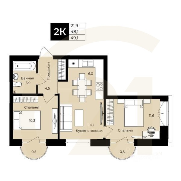 2-комн. квартира, 48,1 м²в ЖК «Ленинские высотки»
