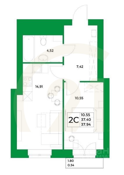 2-комн, 37,94 м²