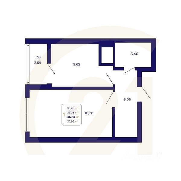 1-комн. квартира, 36,63 м²в ЖК «Паруса»