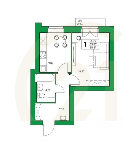 1-комн. квартира, 35,81 м²