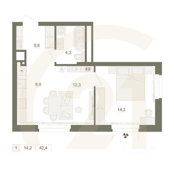 1-комн. квартира, 42,4 м²в ЖК «Квартал «Родина Парк»