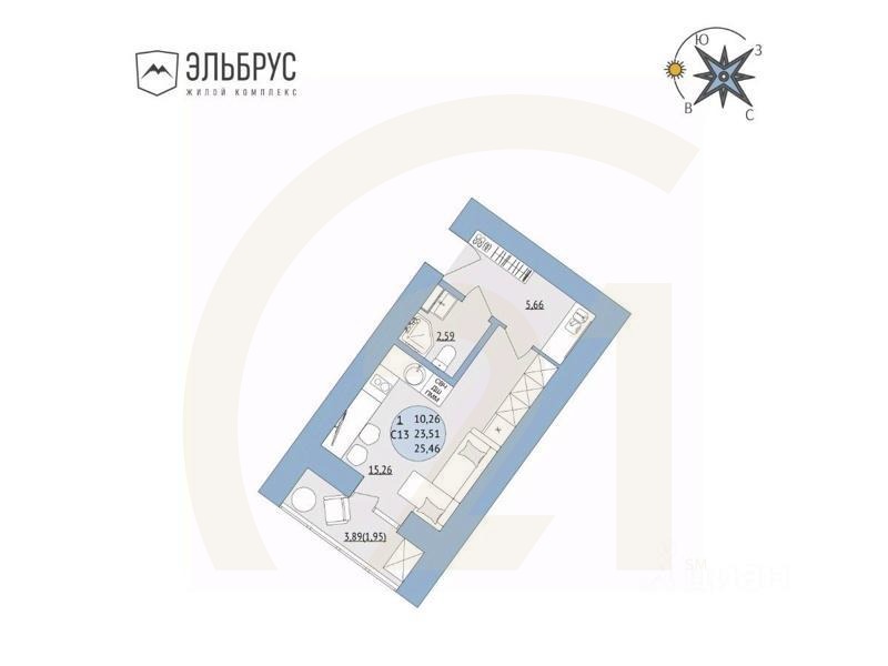 1-комн, 25,46 м²в ЖК «Эльбрус»