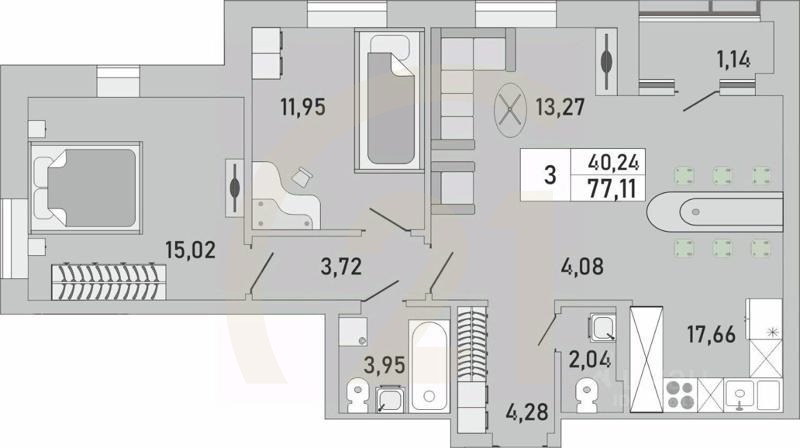 3-комн. квартира, 77,11 м²в ЖК «Платинум»