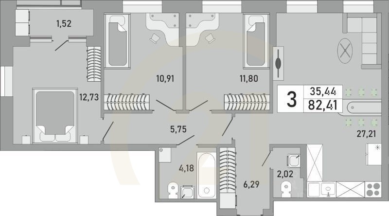 3-комн. квартира, 82,41 м²в ЖК «Платинум»