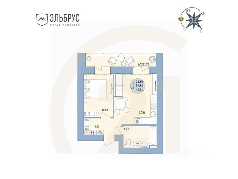 2-комн. квартира, 43,31 м²в ЖК «Эльбрус»