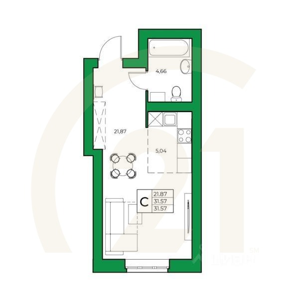 Студия, 31,57 м²