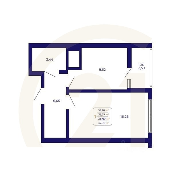 1-комн. квартира, 36,67 м²в ЖК «Паруса»