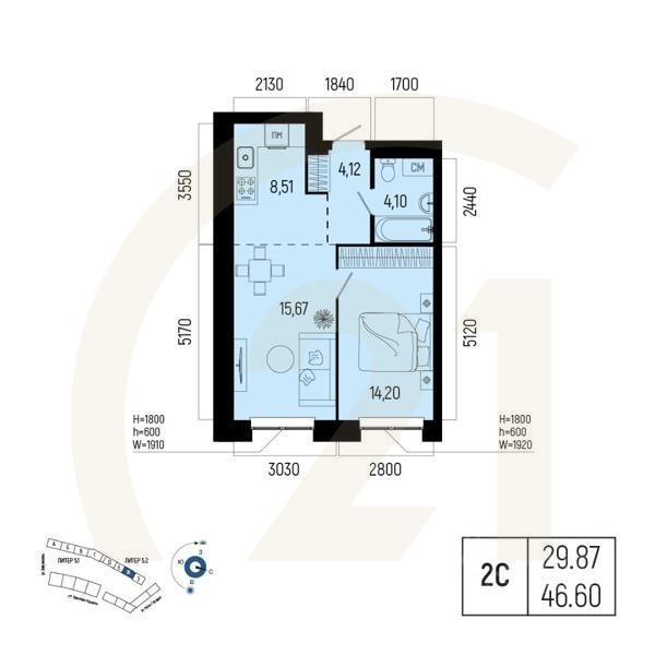 2-комн. квартира, 46,6 м²в ЖК «Новатор»