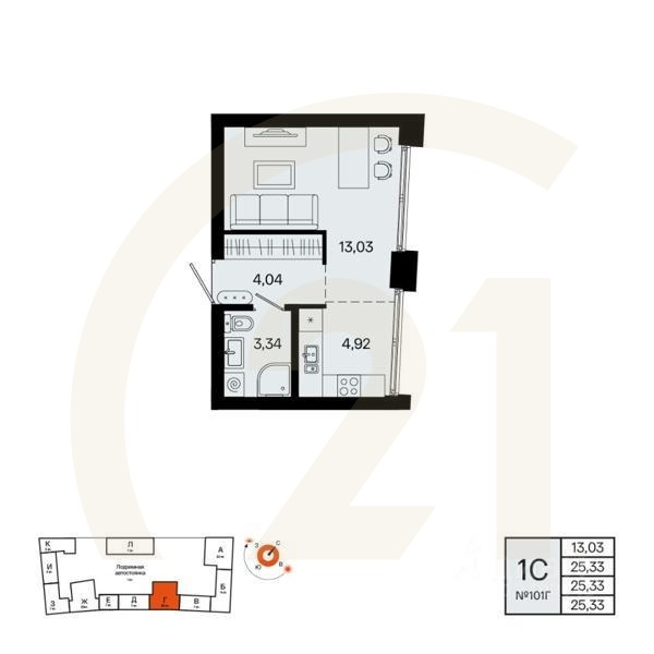 1-комн. квартира, 25,33 м²в ЖК «Первый остров»