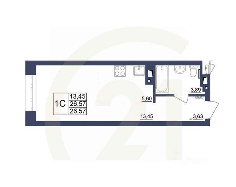 1-комн, 26,57 м²