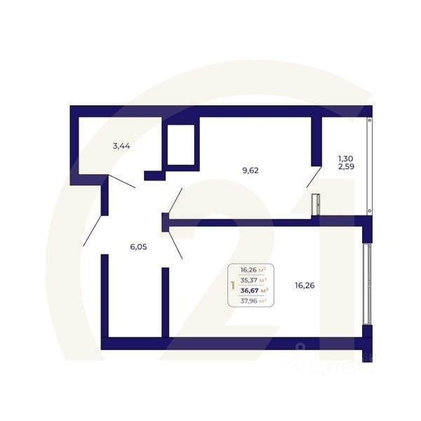 1-комн. квартира, 36,67 м²в ЖК «Паруса»
