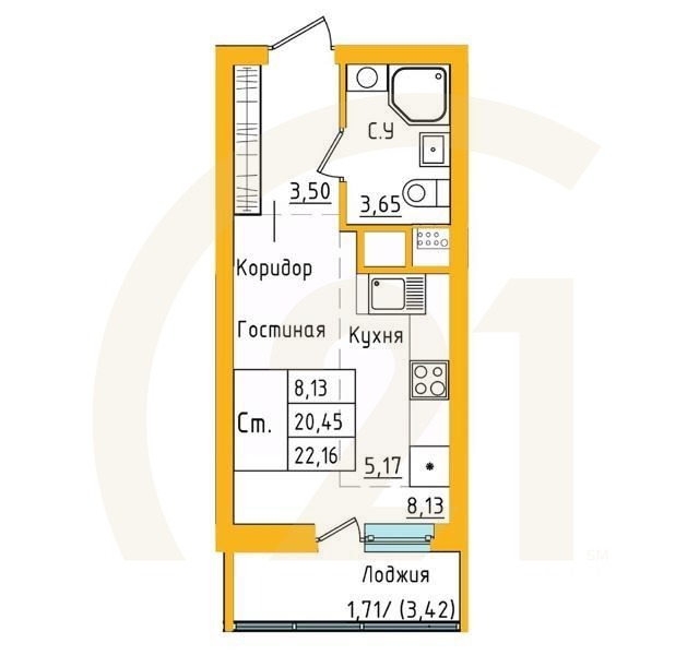 студия, 22,15 м²