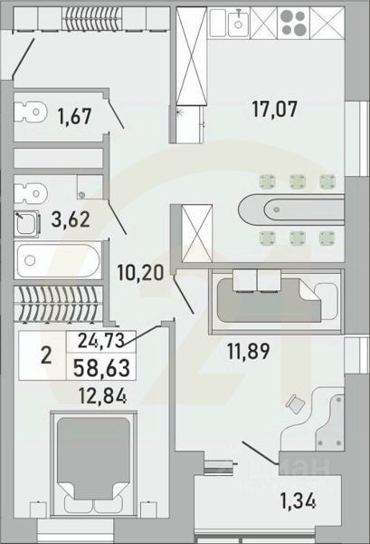 2-комн. квартира, 58,63 м²в ЖК «Платинум»