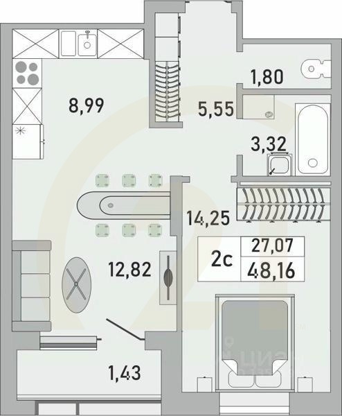 2-комн. квартира, 48,16 м²в ЖК «Платинум»