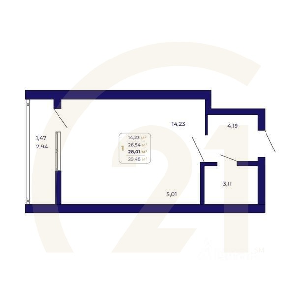 1-комн. квартира, 28,01 м²в ЖК «Паруса»