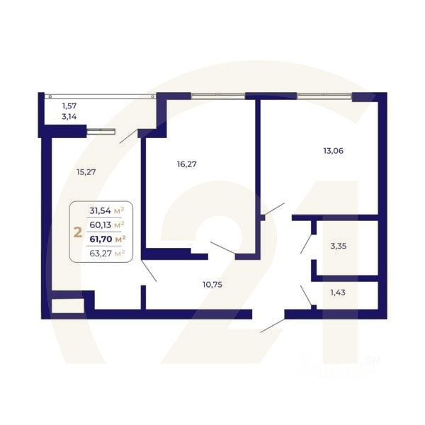 2-комн. квартира, 61,7 м²в ЖК «Паруса»