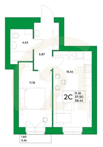 2-комн, 38,44 м²
