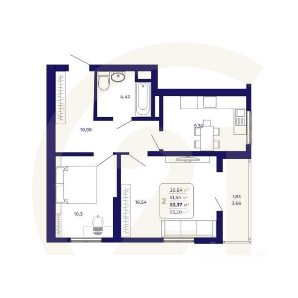 2-комн. квартира, 53,37 м²в ЖК «Паруса»